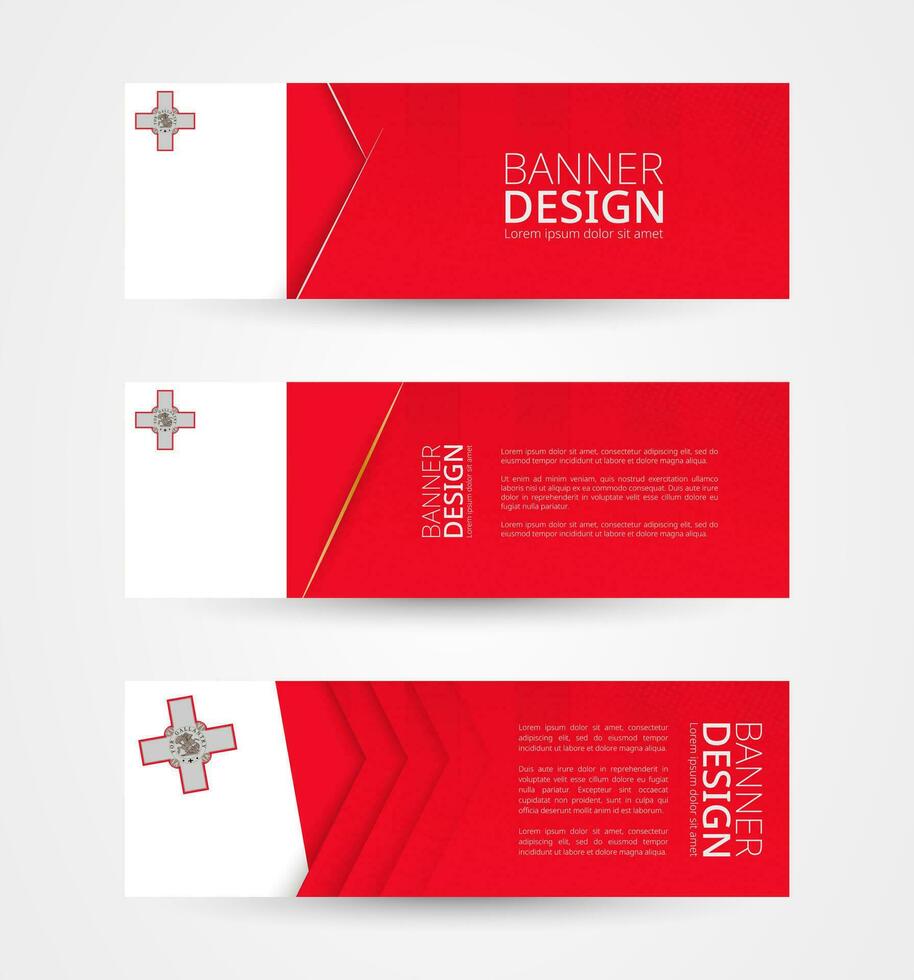 Set of three horizontal banners with flag of Malta. Web banner design template in color of Malta flag. vector