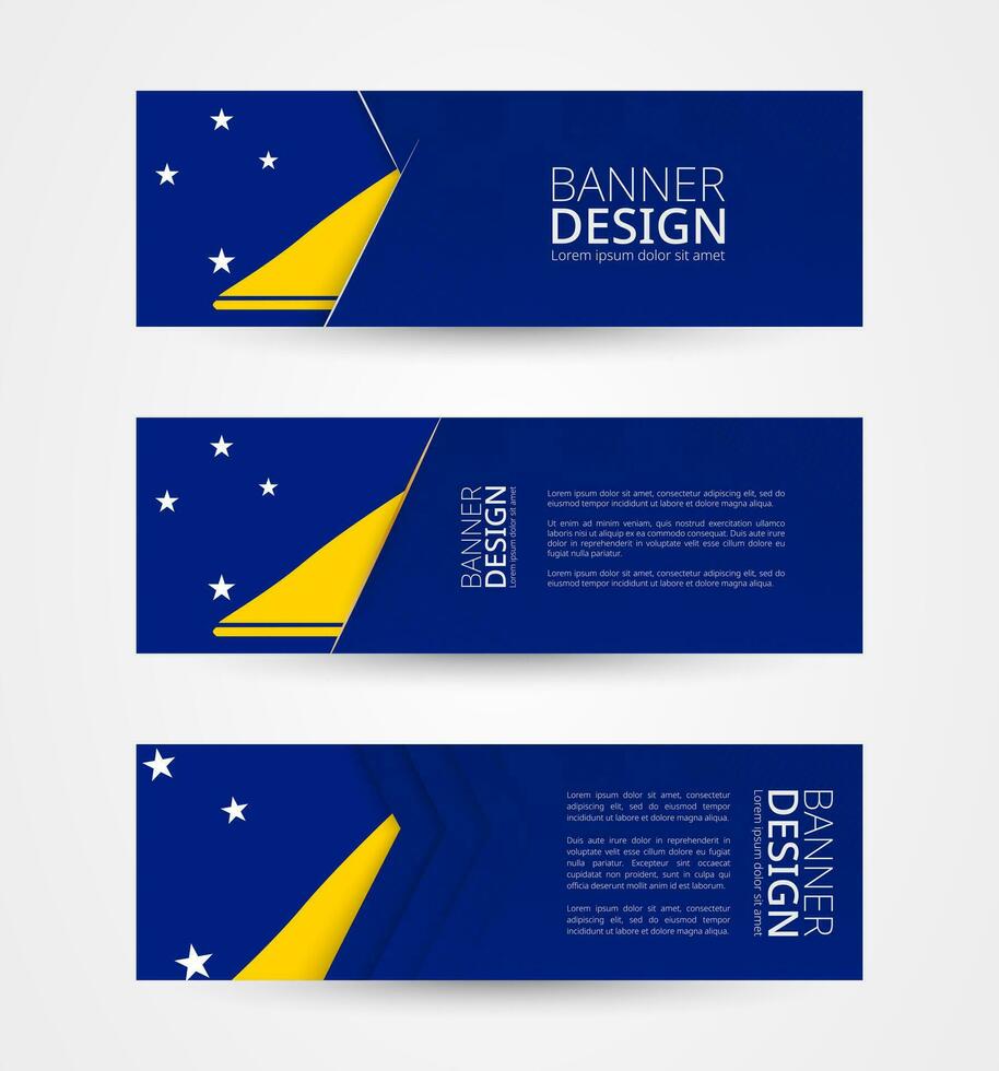 Set of three horizontal banners with flag of Tokelau. Web banner design template in color of Tokelau flag. vector