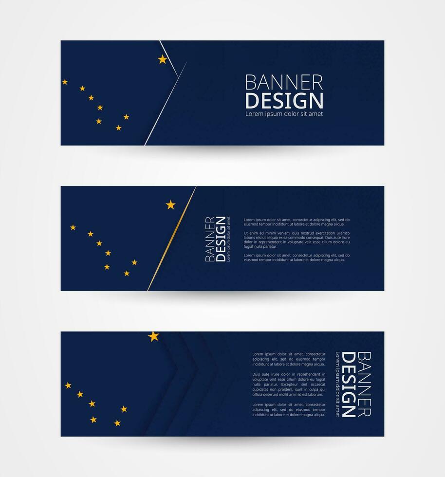 Set of three horizontal banners with US state flag of Alaska. Web banner design template in color of Alaska flag. vector