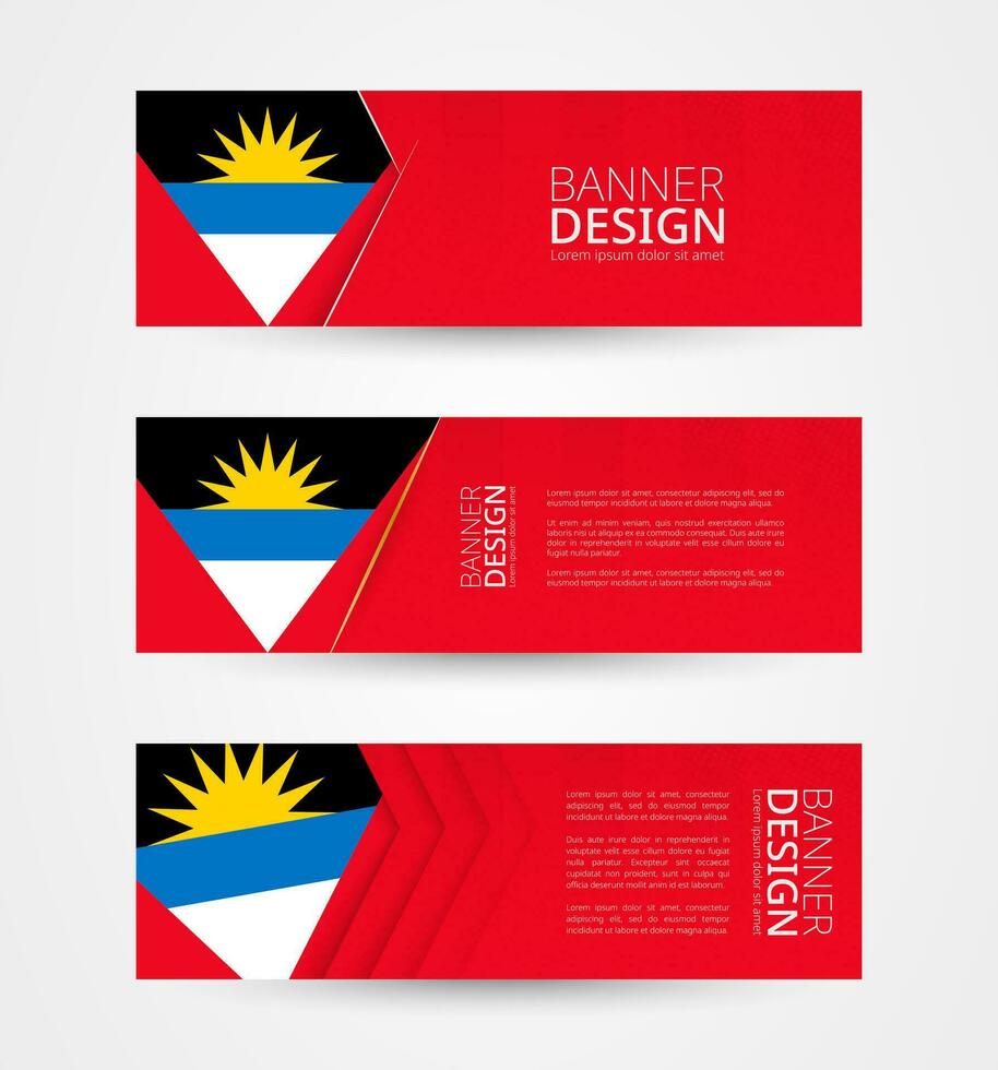 Set of three horizontal banners with flag of Antigua and Barbuda. Web banner design template in color of Antigua and Barbuda flag. vector