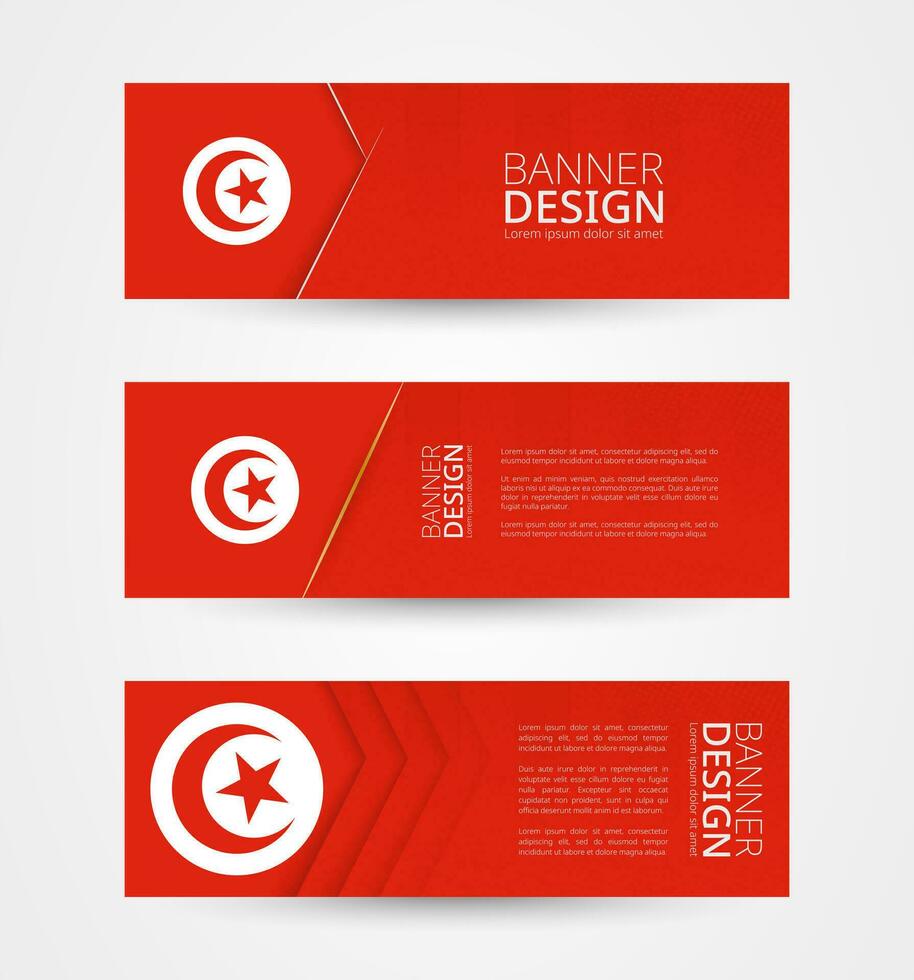 Set of three horizontal banners with flag of Tunisia. Web banner design template in color of Tunisia flag. vector