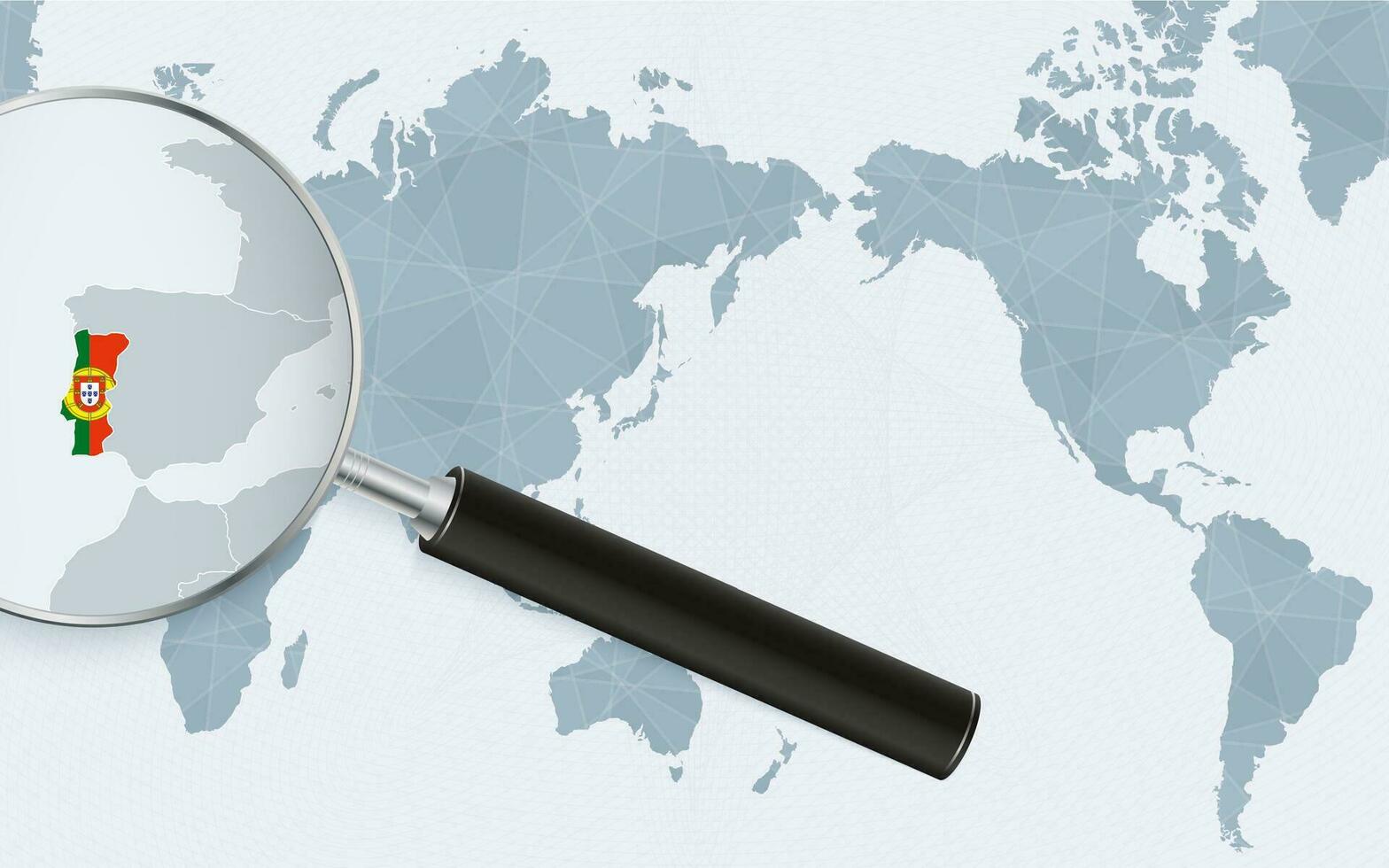 Asia centered world map with magnified glass on Portugal. Focus on map of Portugal on Pacific-centric World Map. vector