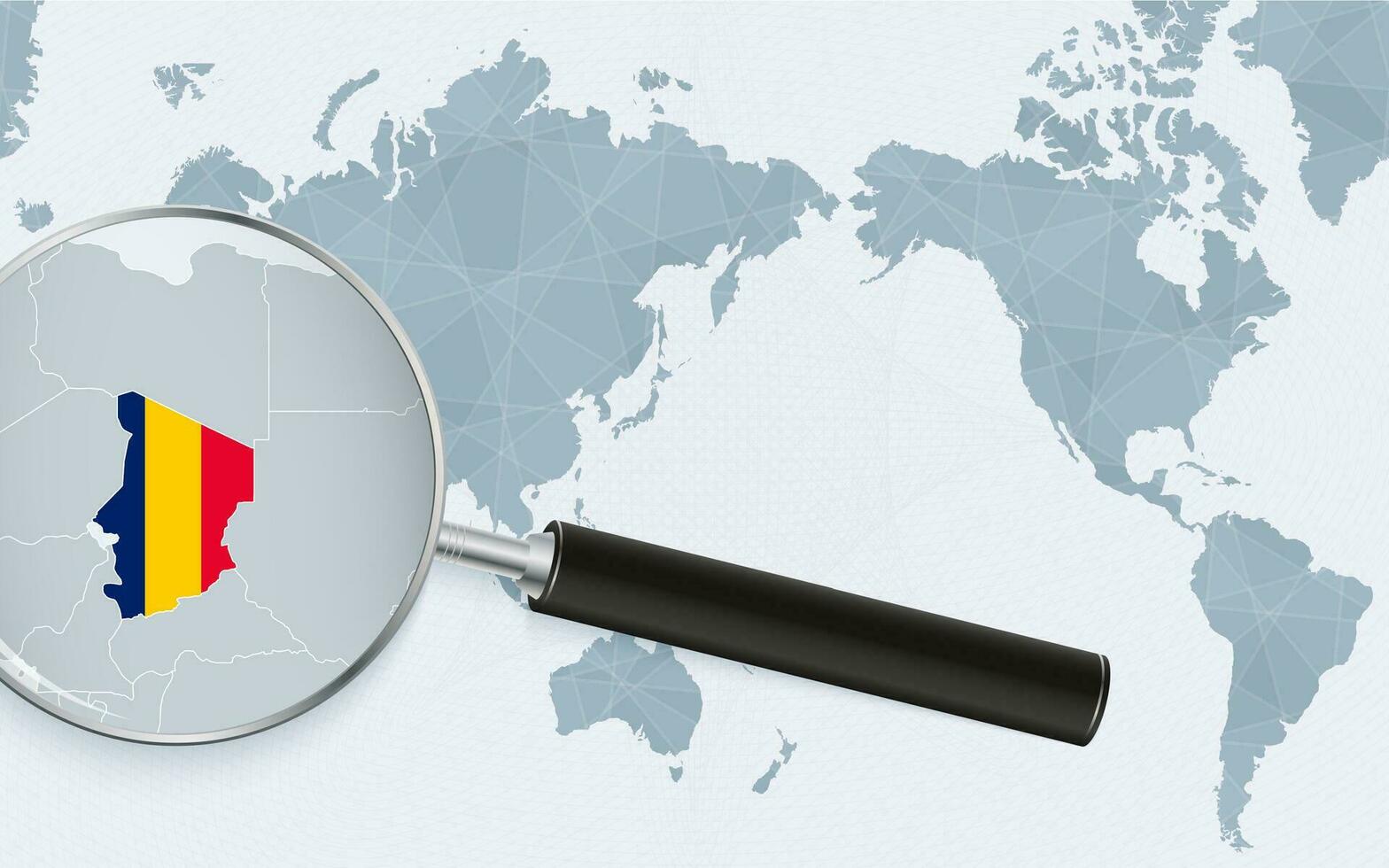 Asia centered world map with magnified glass on Chad. Focus on map of Chad on Pacific-centric World Map. vector