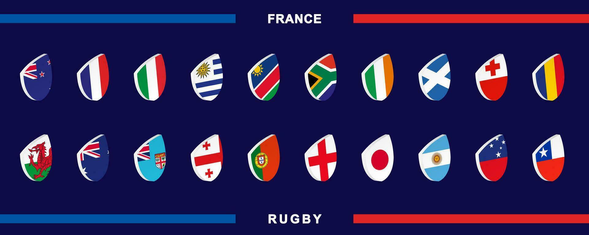 Icon set with the national teams flag for the 2023 rugby competition. Each participants world championship icon. vector