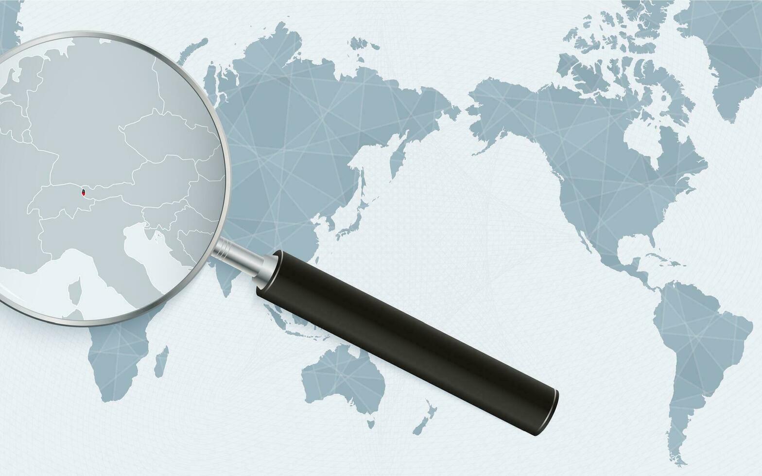 Asia centered world map with magnified glass on Liechtenstein. Focus on map of Liechtenstein on Pacific-centric World Map. vector