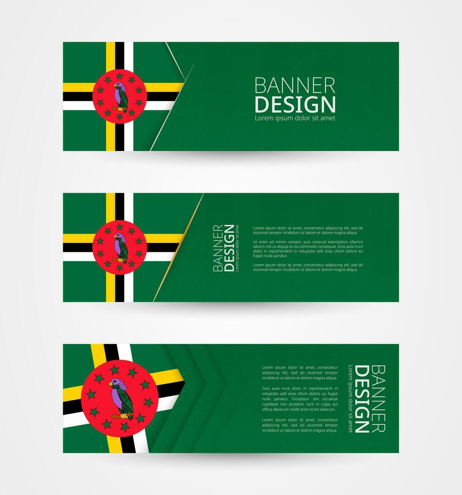 Set of three horizontal banners with flag of Dominica. Web banner design template in color of Dominica flag. vector