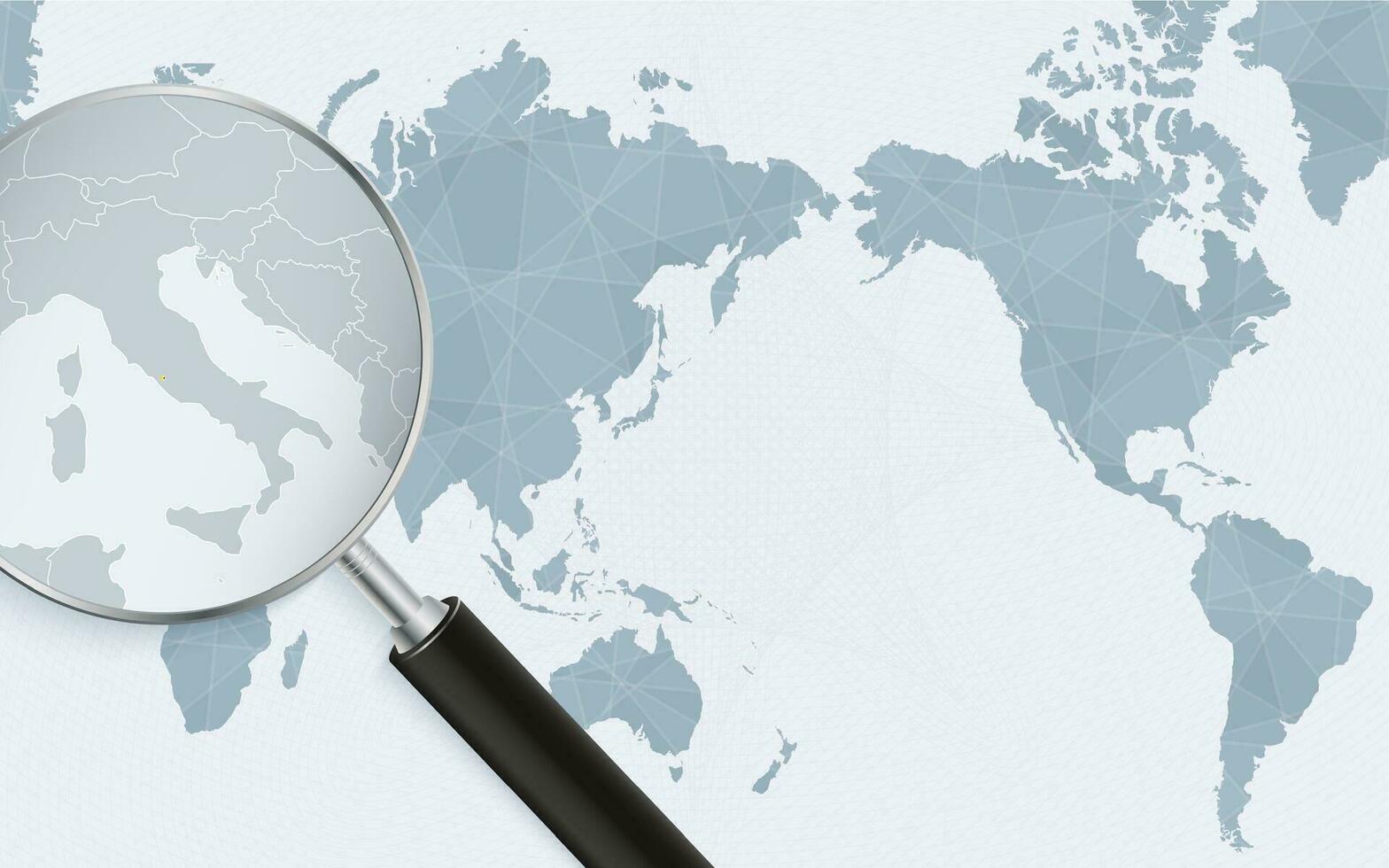 Asia centered world map with magnified glass on Vatican City. Focus on map of Vatican City on Pacific-centric World Map. vector