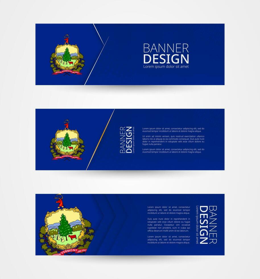 conjunto de Tres horizontal pancartas con nosotros estado bandera de Vermont. web bandera diseño modelo en color de Vermont bandera. vector