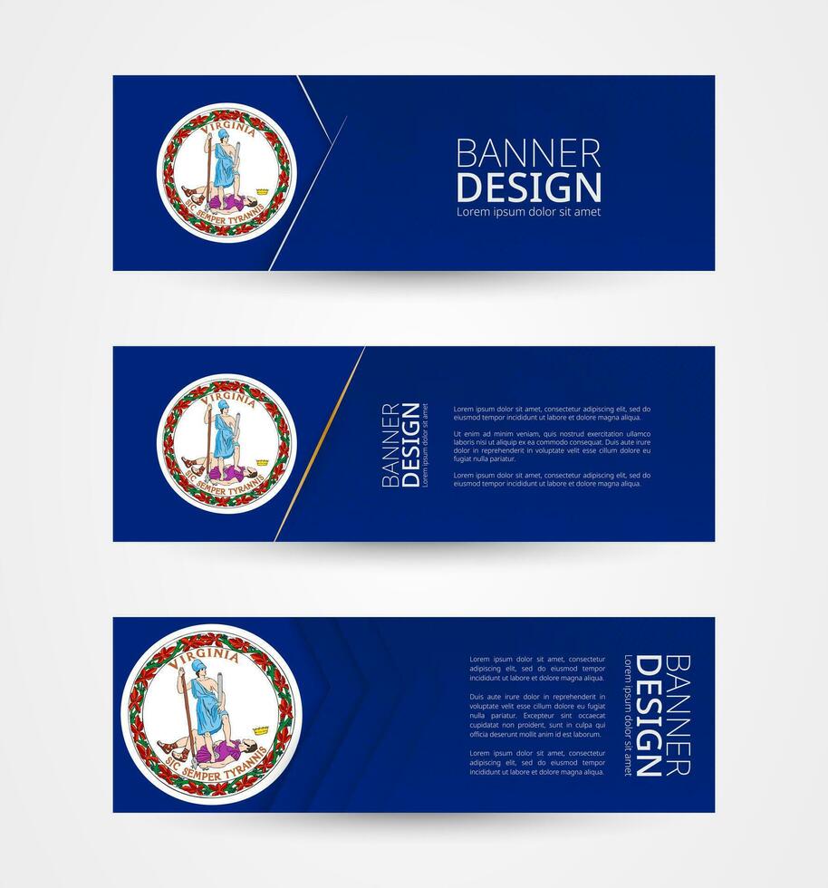 Set of three horizontal banners with US state flag of Virginia. Web banner design template in color of Virginia flag. vector
