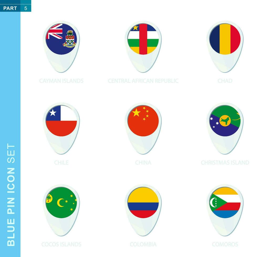 Pin flag set, map location icon in blue colors vector