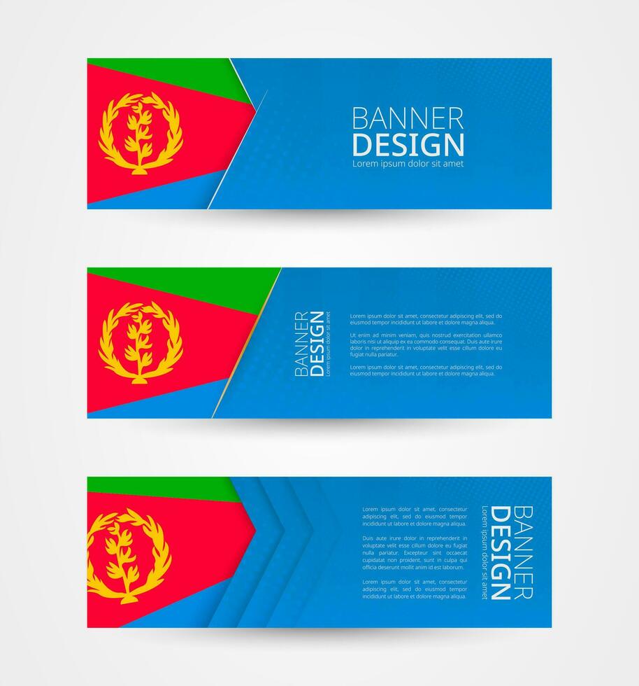 Set of three horizontal banners with flag of Eritrea. Web banner design template in color of Eritrea flag. vector