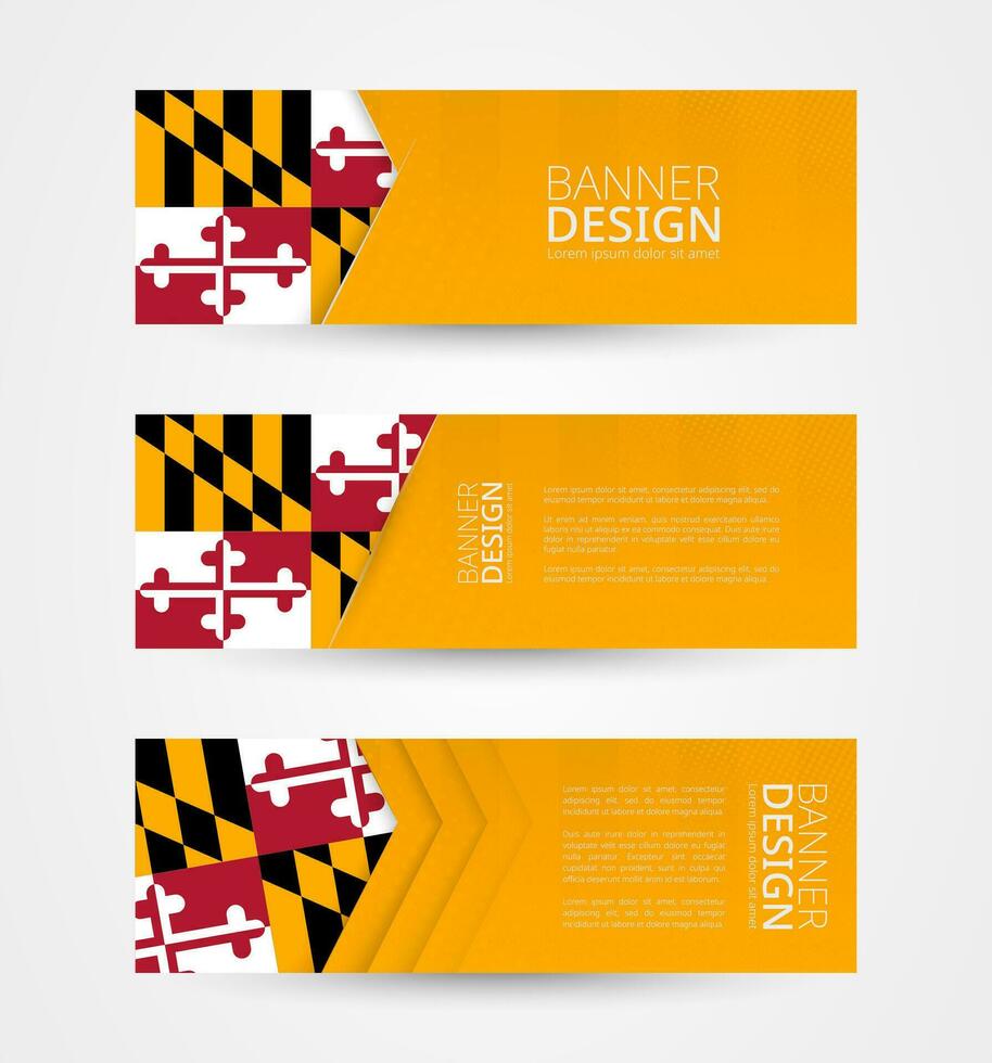 Set of three horizontal banners with US state flag of Maryland. Web banner design template in color of Maryland flag. vector