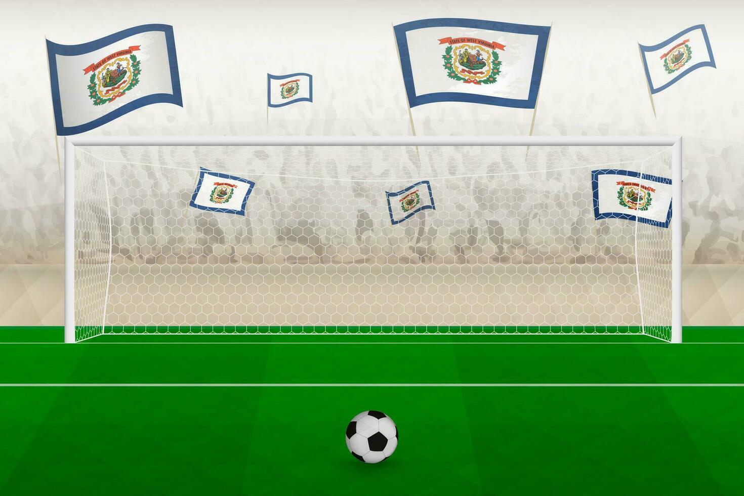West Virginia football team fans with flags of West Virginia cheering on stadium, penalty kick concept in a soccer match. vector