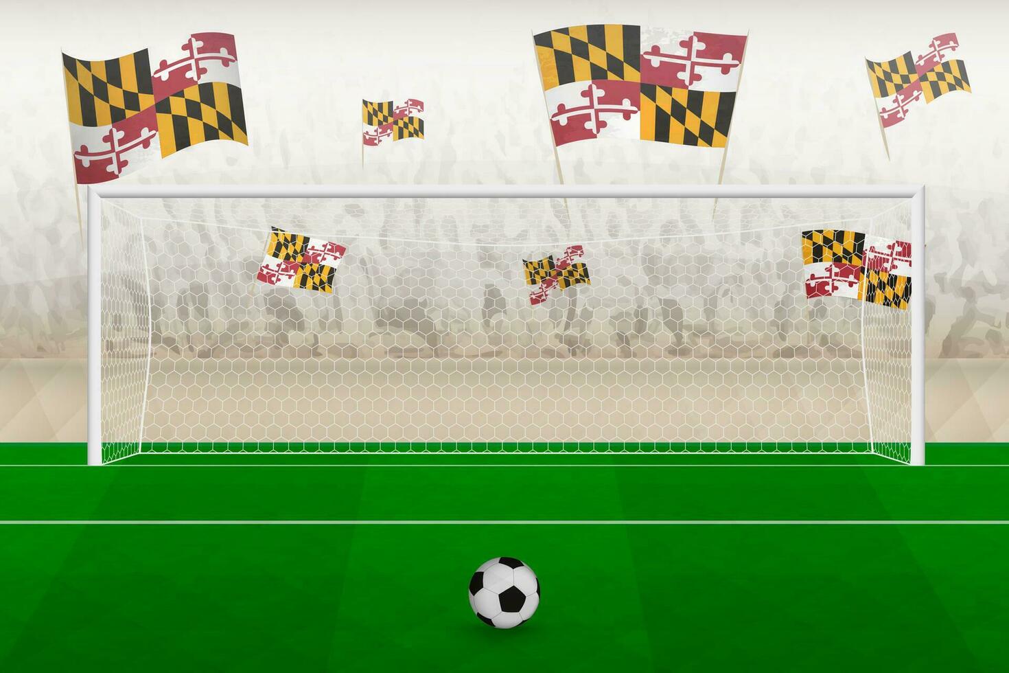 Maryland football team fans with flags of Maryland cheering on stadium, penalty kick concept in a soccer match. vector