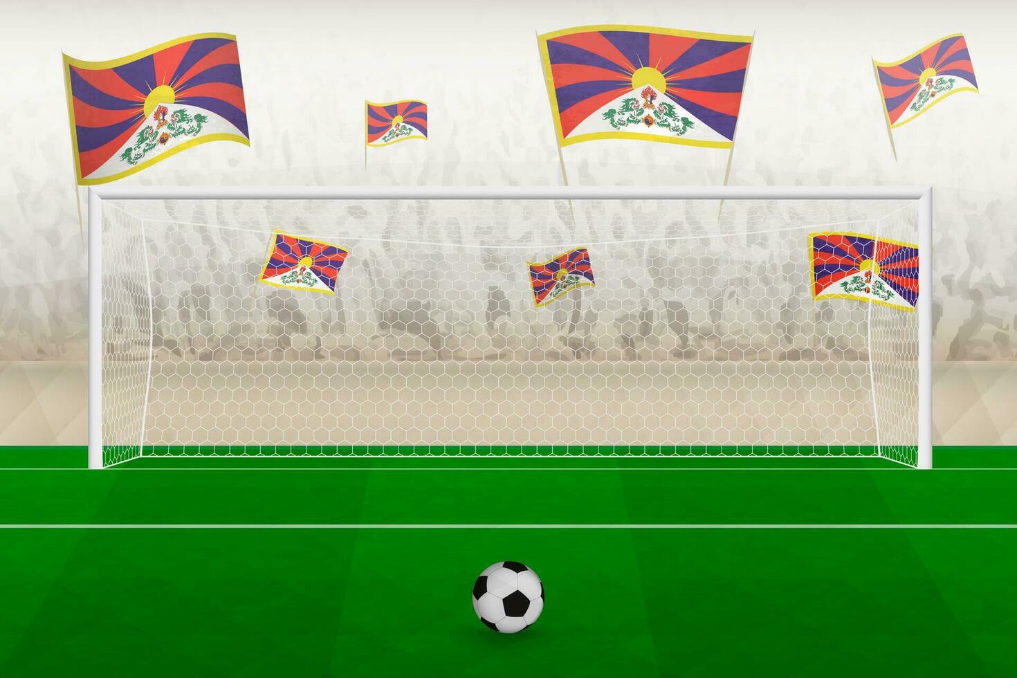 Tibet football team fans with flags of Tibet cheering on stadium, penalty kick concept in a soccer match. vector