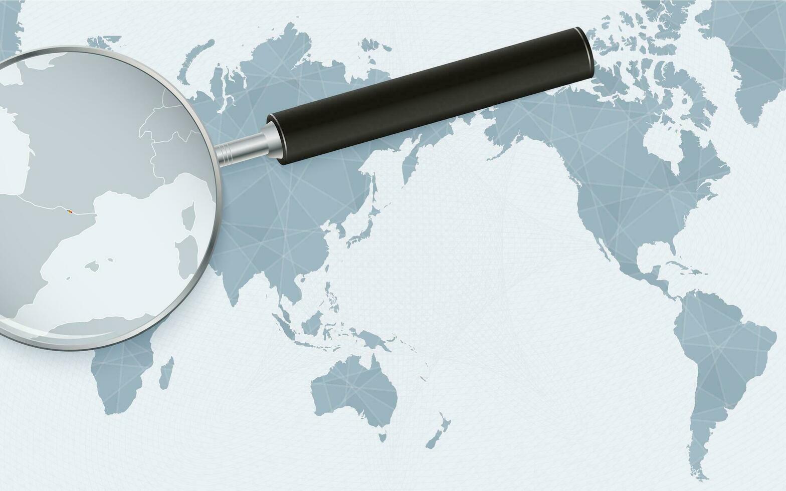 Asia centered world map with magnified glass on Andorra. Focus on map of Andorra on Pacific-centric World Map. vector