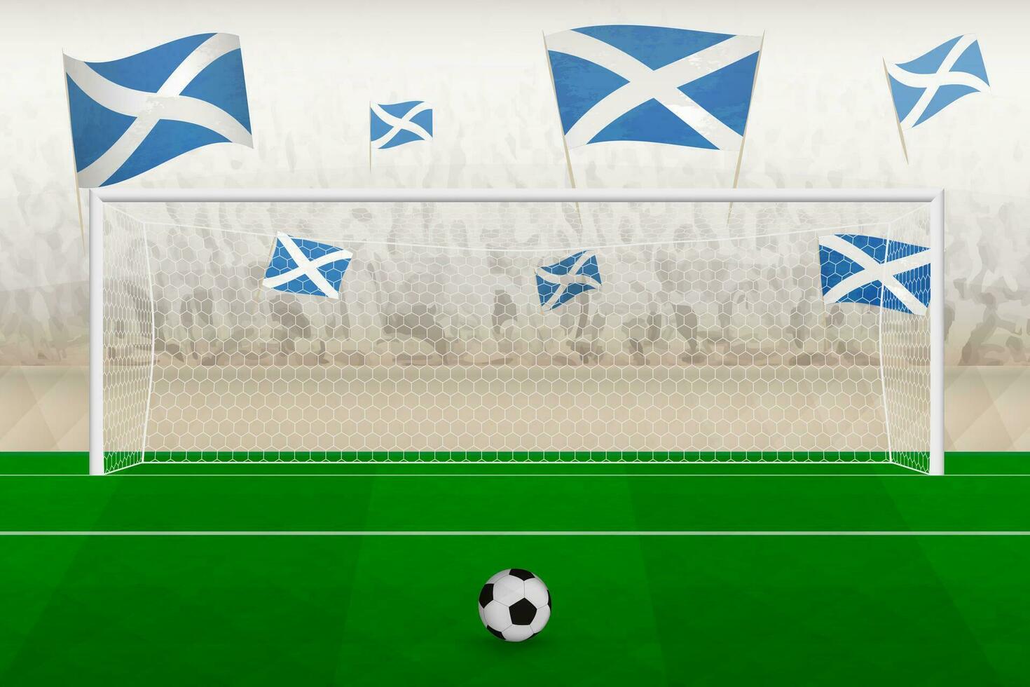 Scotland football team fans with flags of Scotland cheering on stadium, penalty kick concept in a soccer match. vector