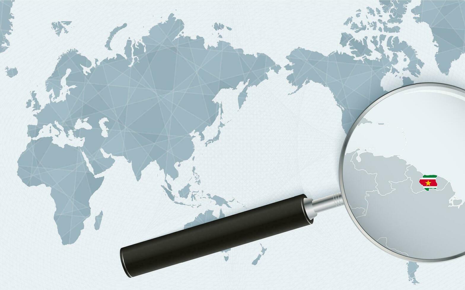 Asia centered world map with magnified glass on Suriname. Focus on map of Suriname on Pacific-centric World Map. vector