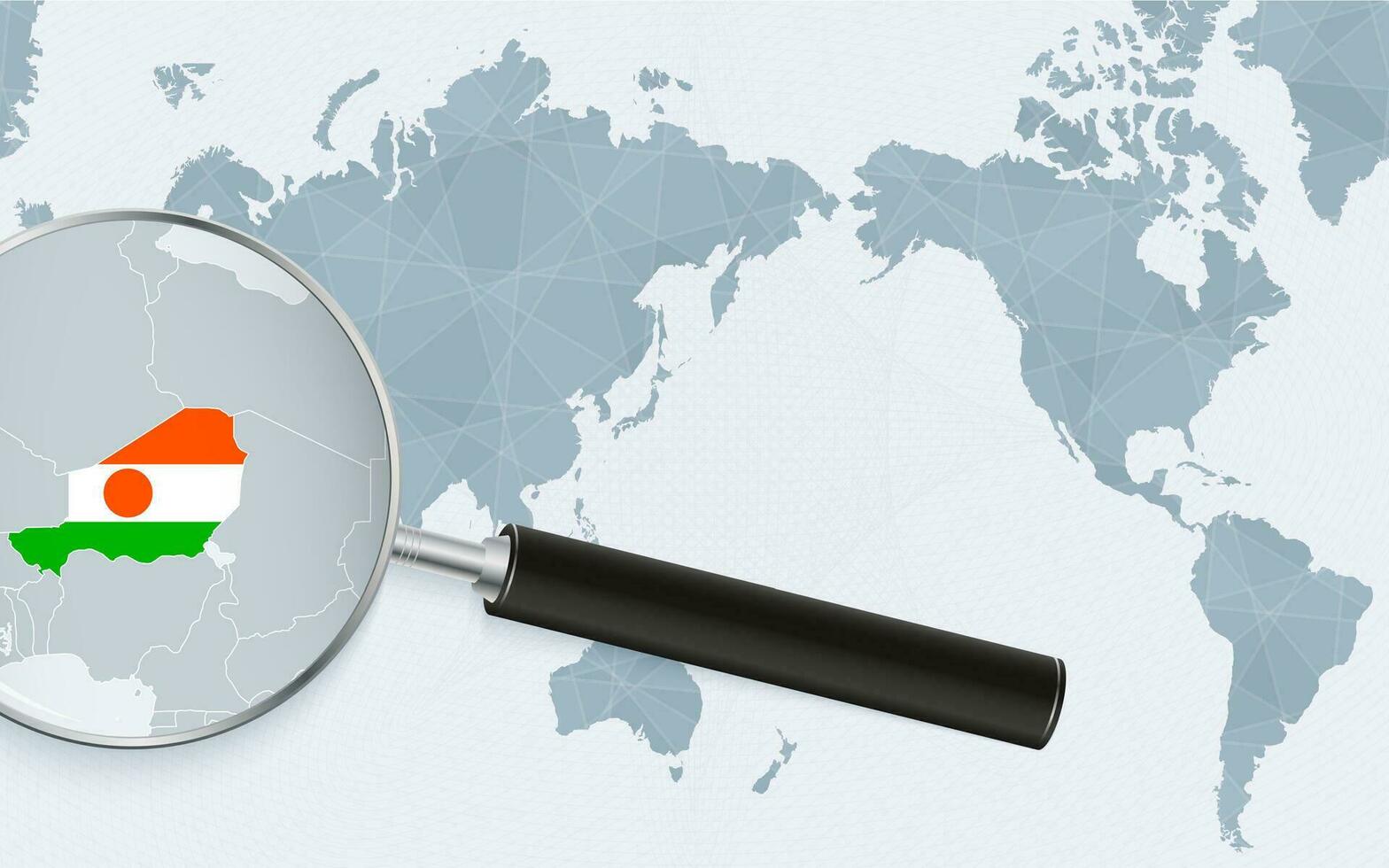Asia centered world map with magnified glass on Niger. Focus on map of Niger on Pacific-centric World Map. vector