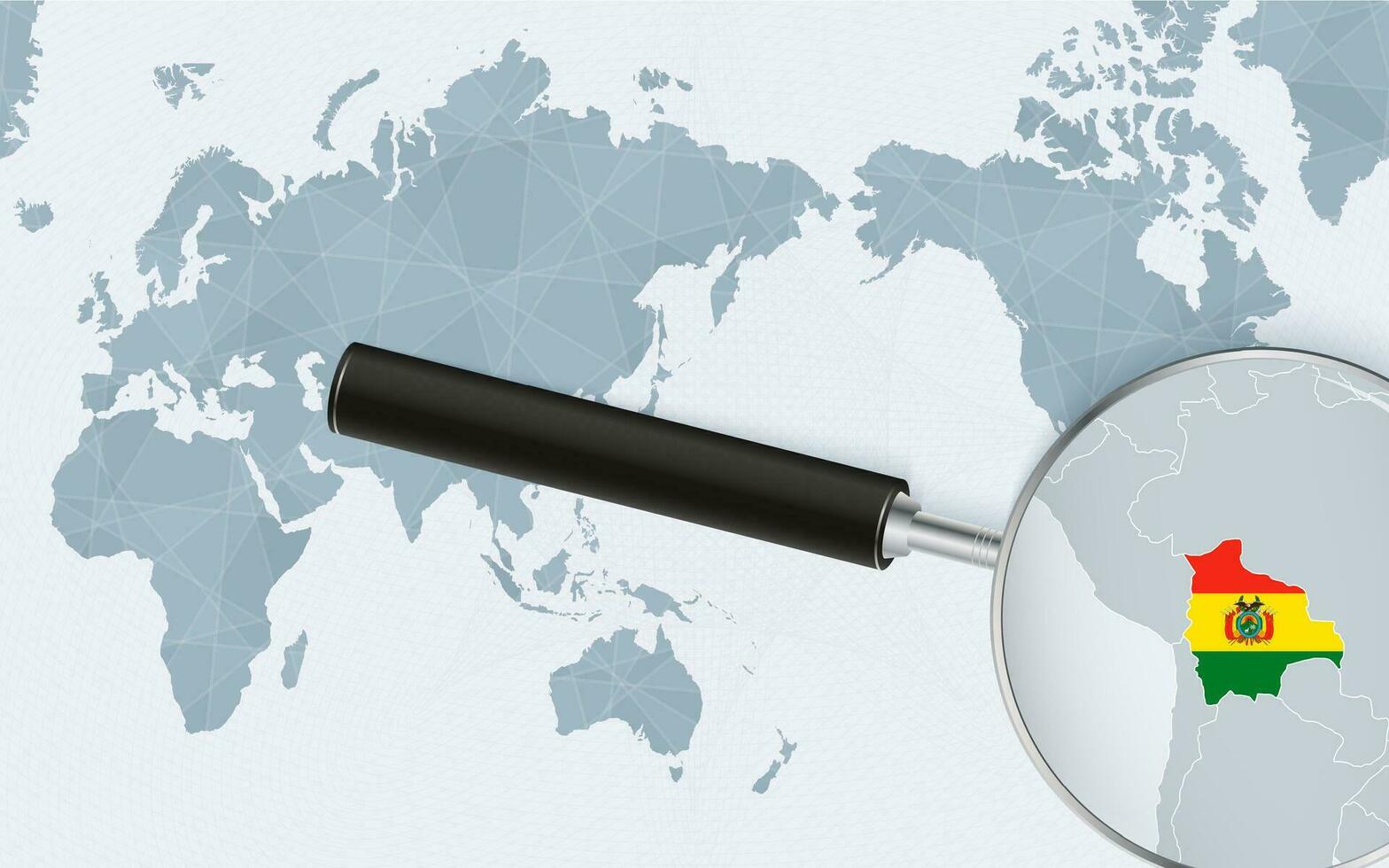 Asia centered world map with magnified glass on Bolivia. Focus on map of Bolivia on Pacific-centric World Map. vector