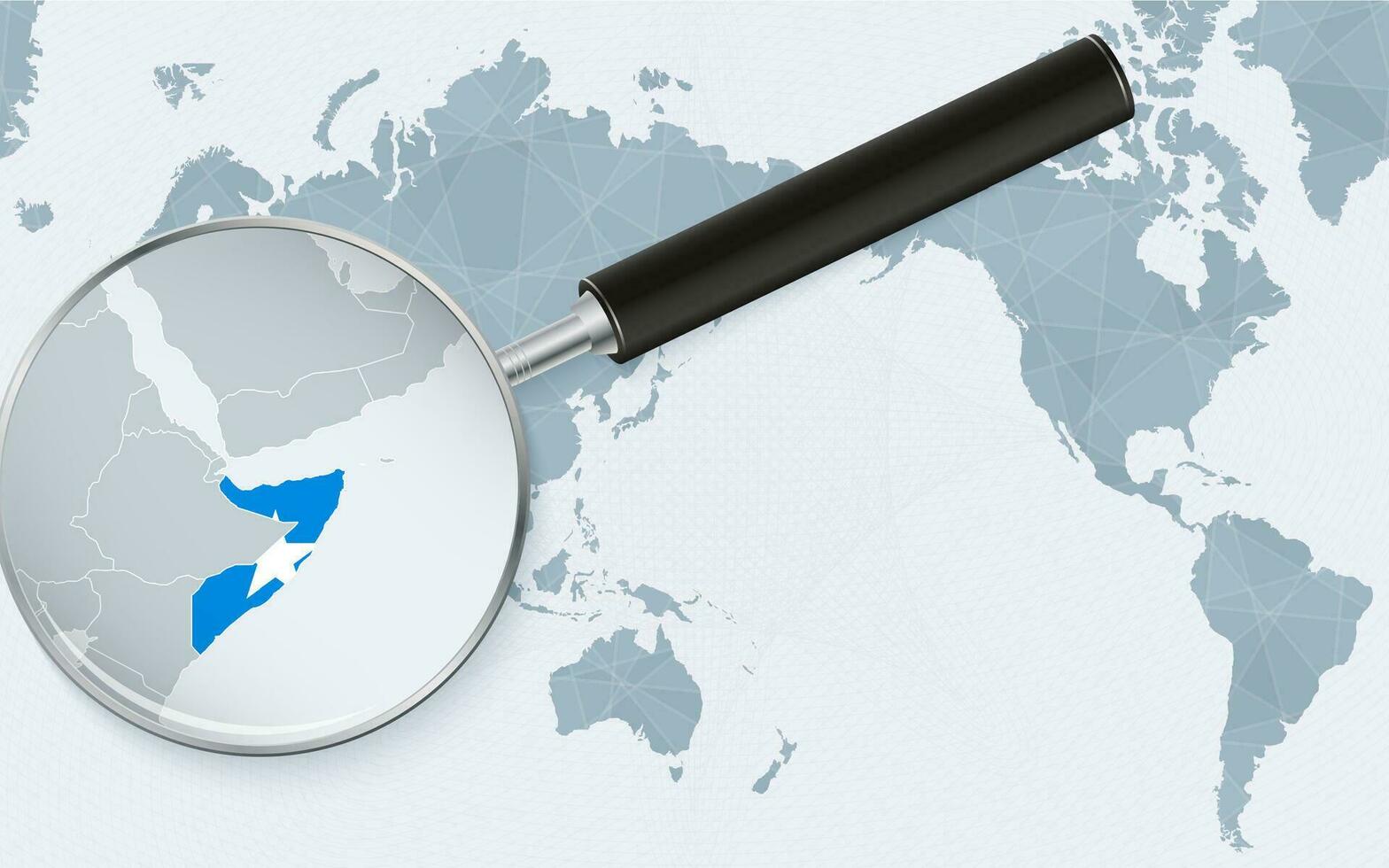 Asia centered world map with magnified glass on Somalia. Focus on map of Somalia on Pacific-centric World Map. vector