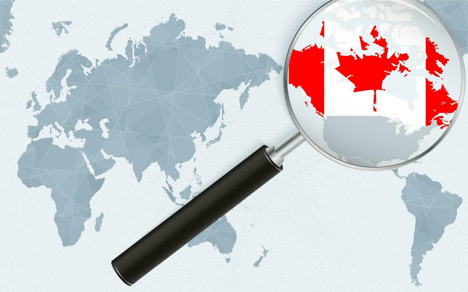 Asia centered world map with magnified glass on Canada. Focus on map of Canada on Pacific-centric World Map. vector