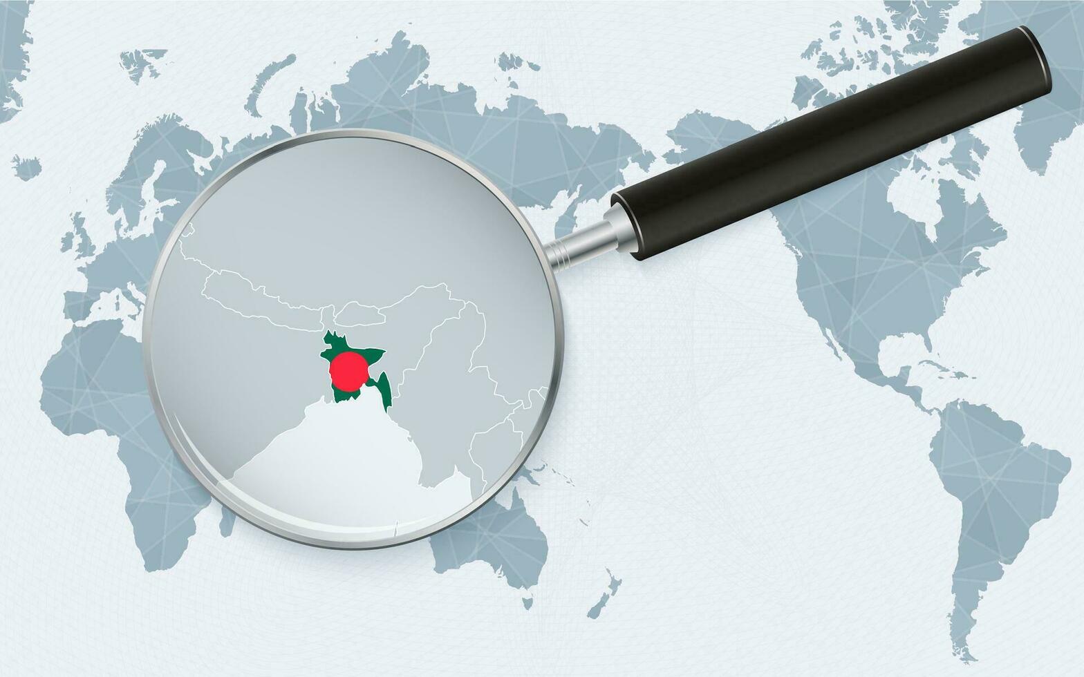 Asia centrado mundo mapa con magnificado vaso en bangladesh atención en mapa de Bangladesh en centrado en el pacífico mundo mapa. vector