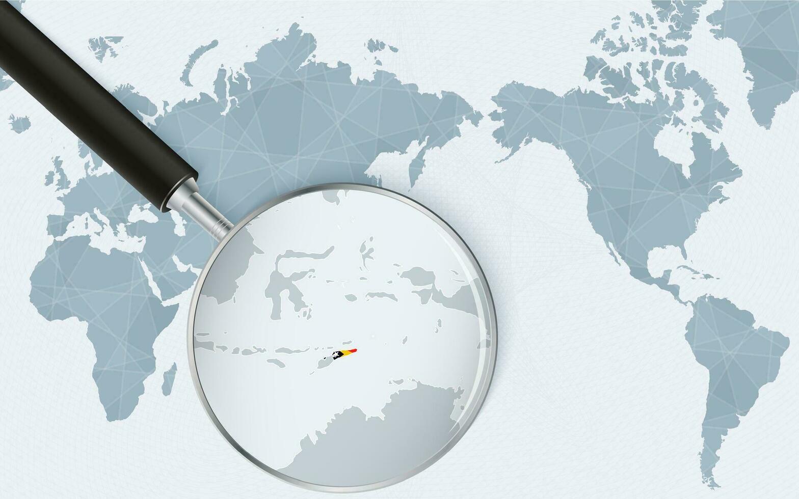 Asia centered world map with magnified glass on East Timor. Focus on map of East Timor on Pacific-centric World Map. vector