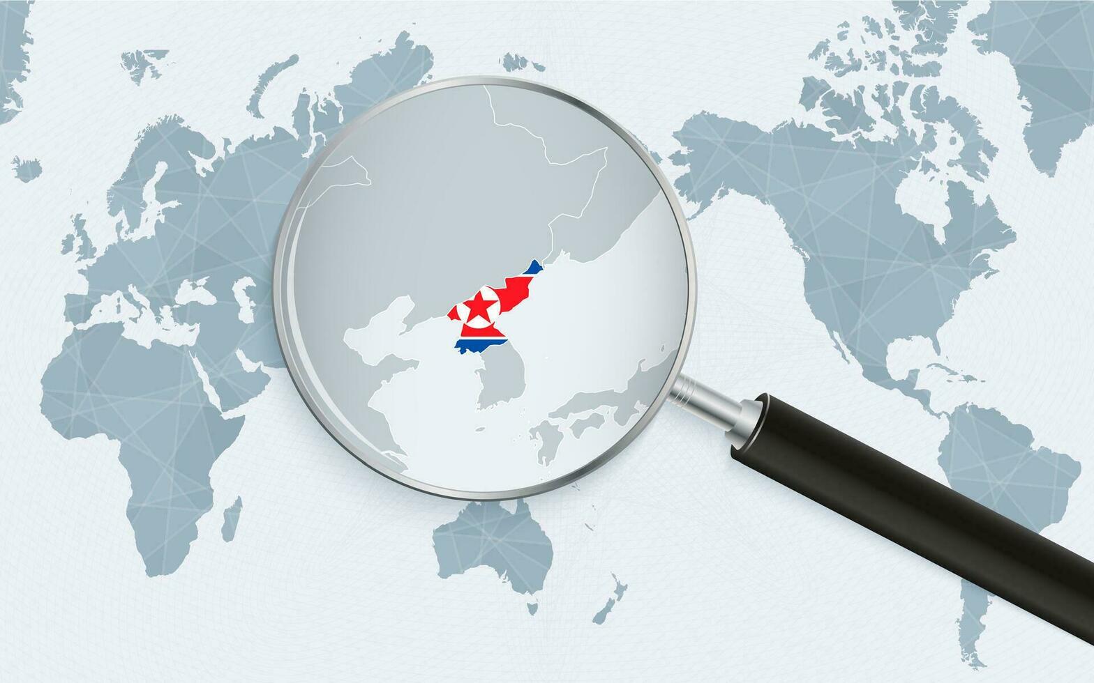 Asia centered world map with magnified glass on North Korea. Focus on map of North Korea on Pacific-centric World Map. vector