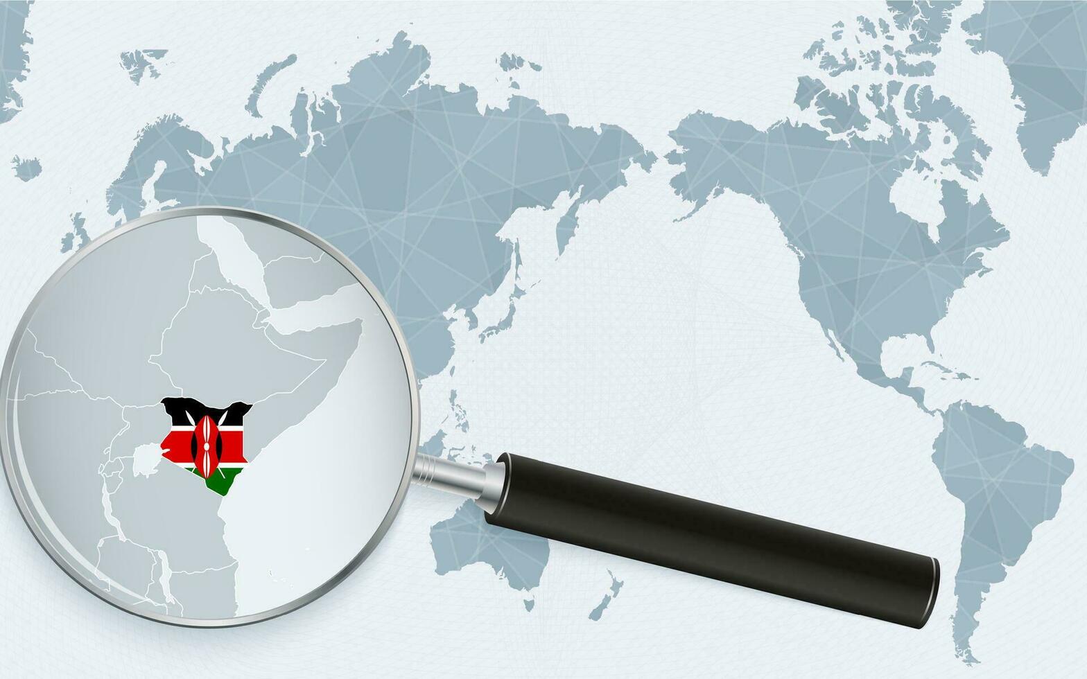 Asia centered world map with magnified glass on Kenya. Focus on map of Kenya on Pacific-centric World Map. vector
