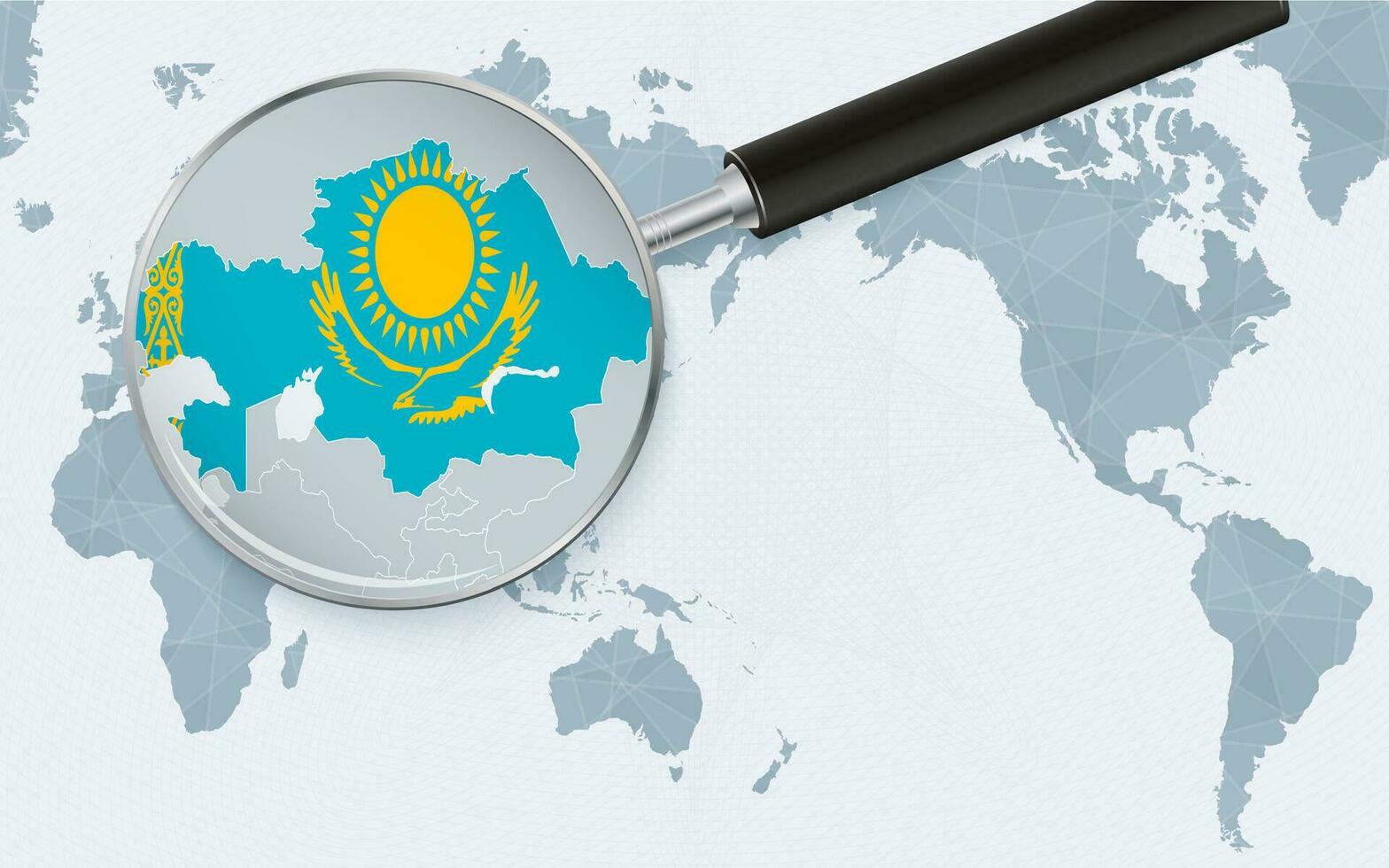 Asia centered world map with magnified glass on Kazakhstan. Focus on map of Kazakhstan on Pacific-centric World Map. vector