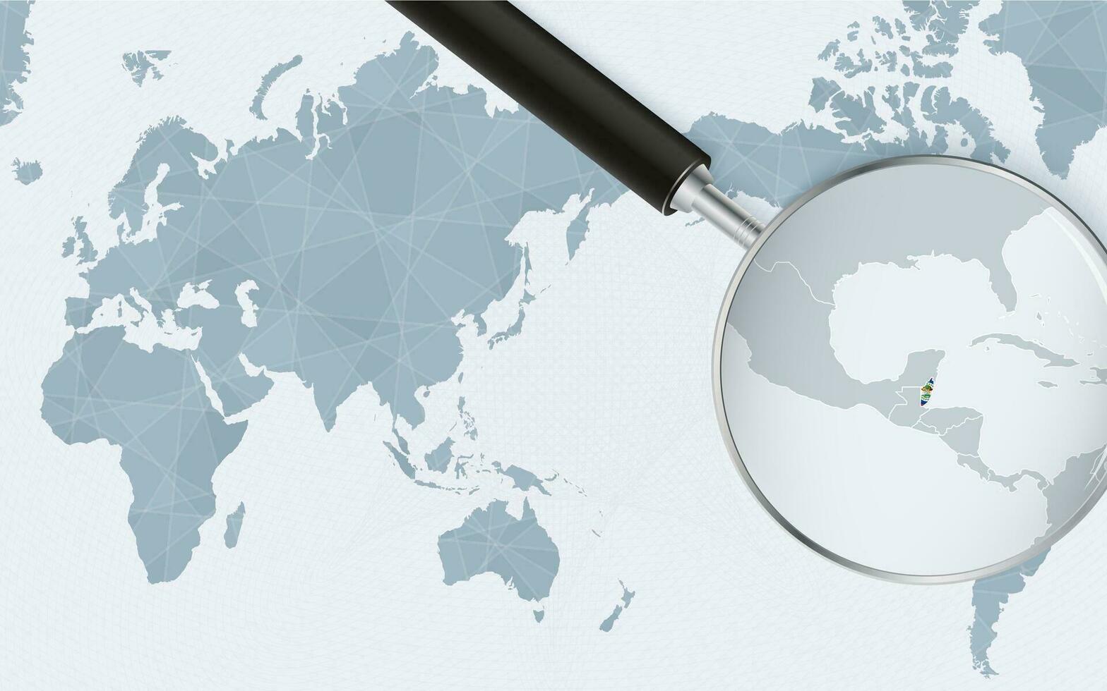 Asia centered world map with magnified glass on Belize. Focus on map of Belize on Pacific-centric World Map. vector
