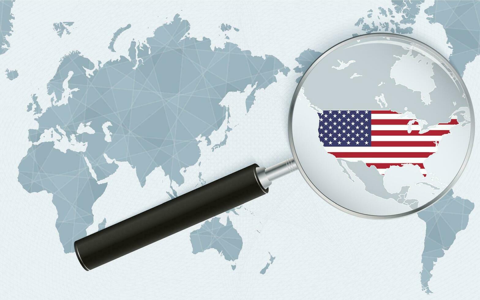 Asia centered world map with magnified glass on USA. Focus on map of USA on Pacific-centric World Map. vector