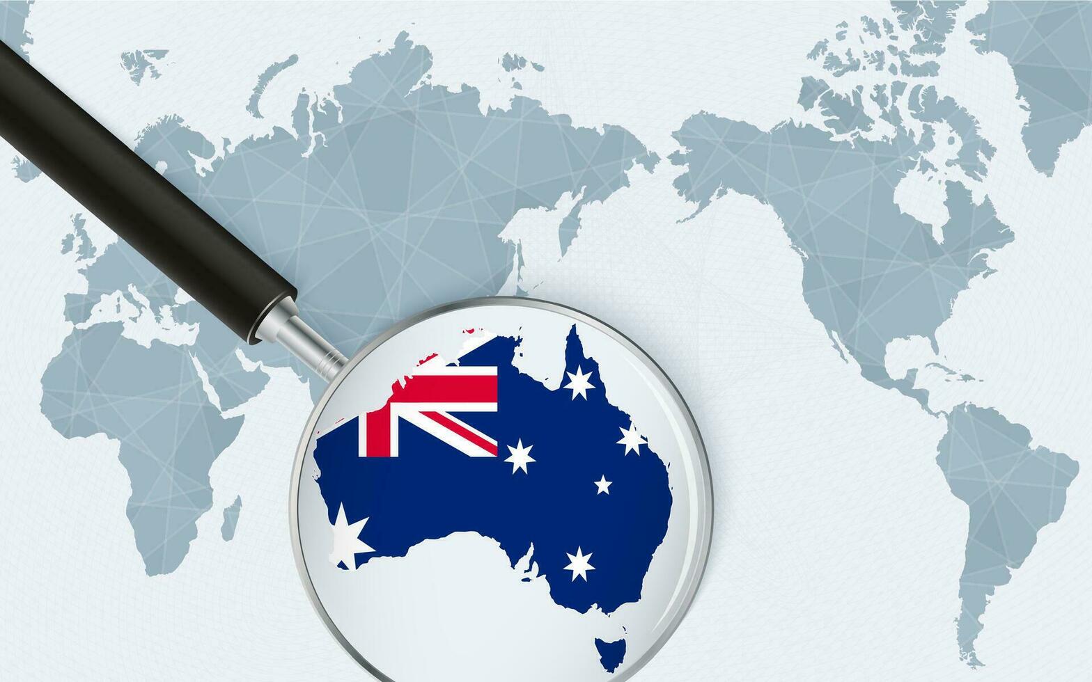 Asia centered world map with magnified glass on Australia. Focus on map of Australia on Pacific-centric World Map. vector