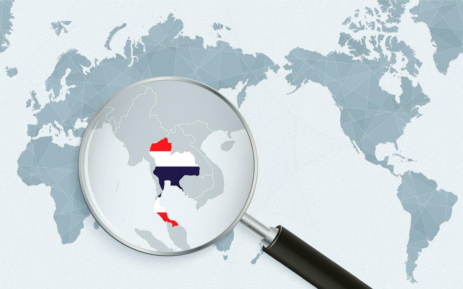 Asia centered world map with magnified glass on Thailand. Focus on map of Thailand on Pacific-centric World Map. vector