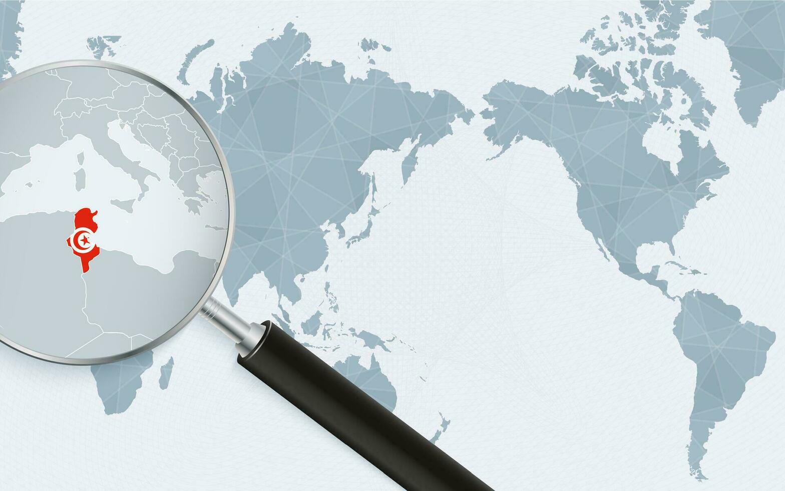 Asia centered world map with magnified glass on Tunisia. Focus on map of Tunisia on Pacific-centric World Map. vector