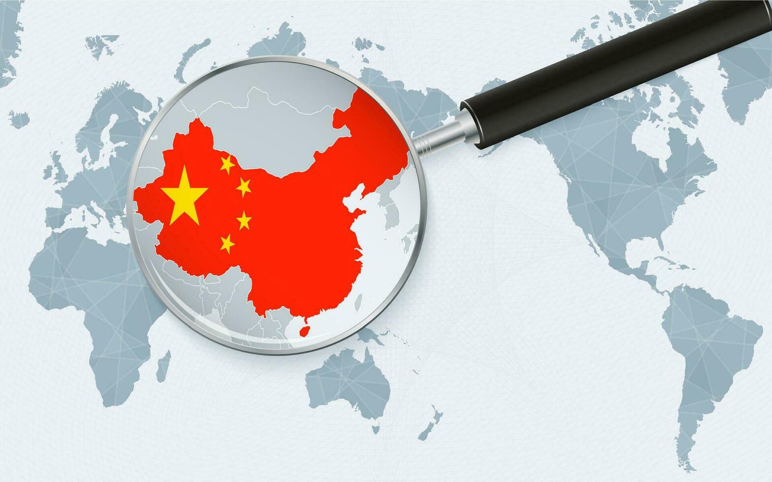 Asia centered world map with magnified glass on China. Focus on map of China on Pacific-centric World Map. vector