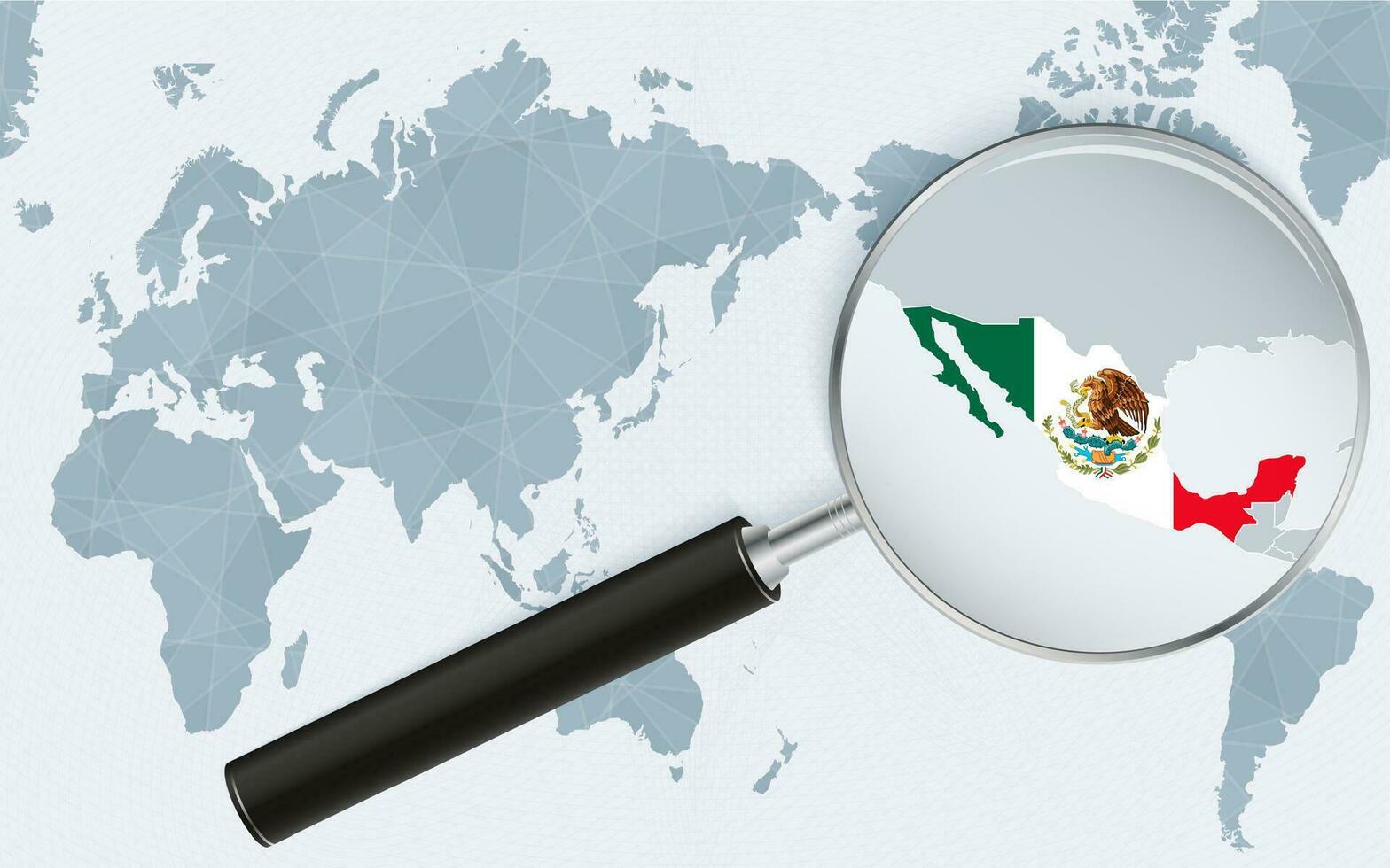 Asia centered world map with magnified glass on Mexico. Focus on map of Mexico on Pacific-centric World Map. vector