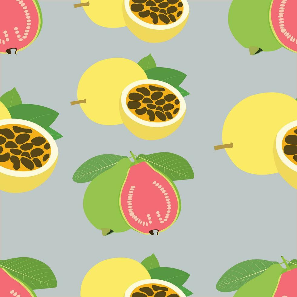 Yellow passion fruit with cut in half with green leaf and healthy greenish fruits. Fruits pattern vector. vector