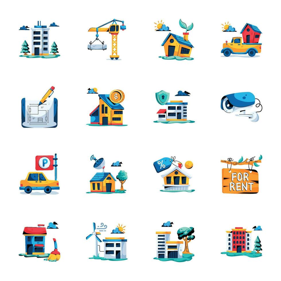 Pack of Buildings Flat Icons vector