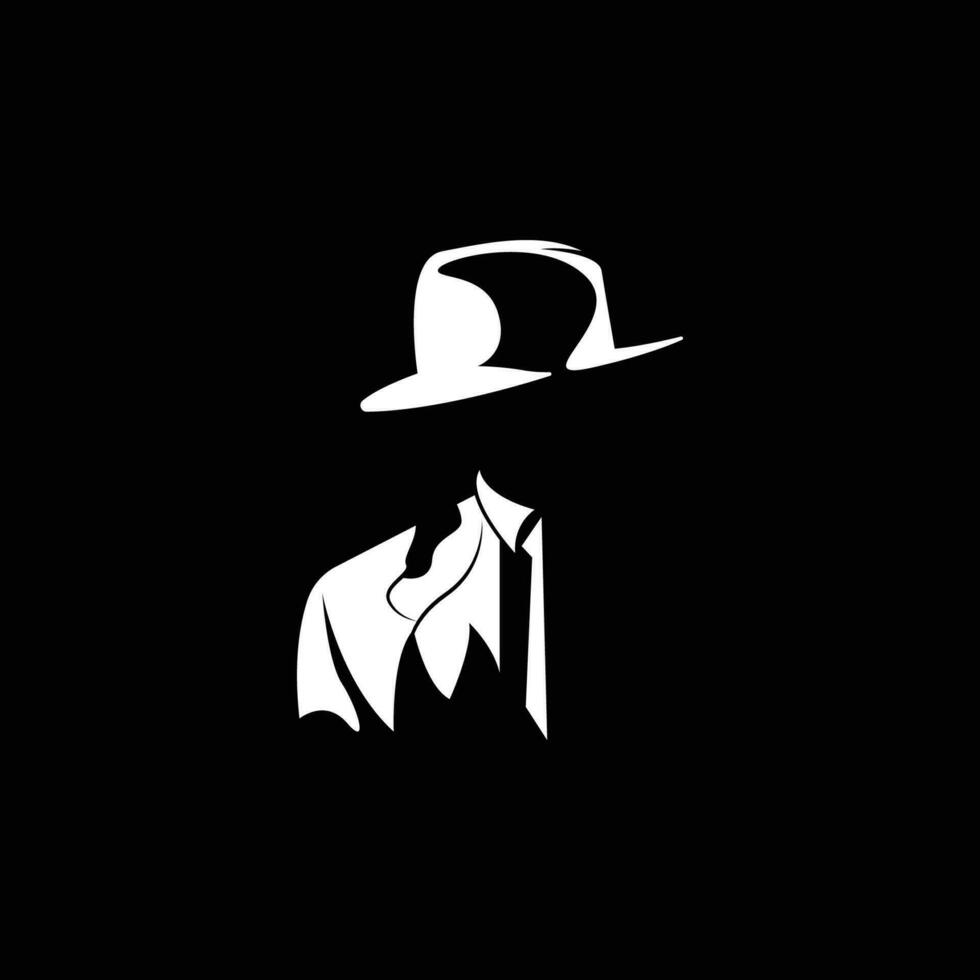 diseño de logotipo de hombre detective, esmoquin de moda de detective de la mafia y vector de ilustración de sombrero, icono de hombre de negocios negro