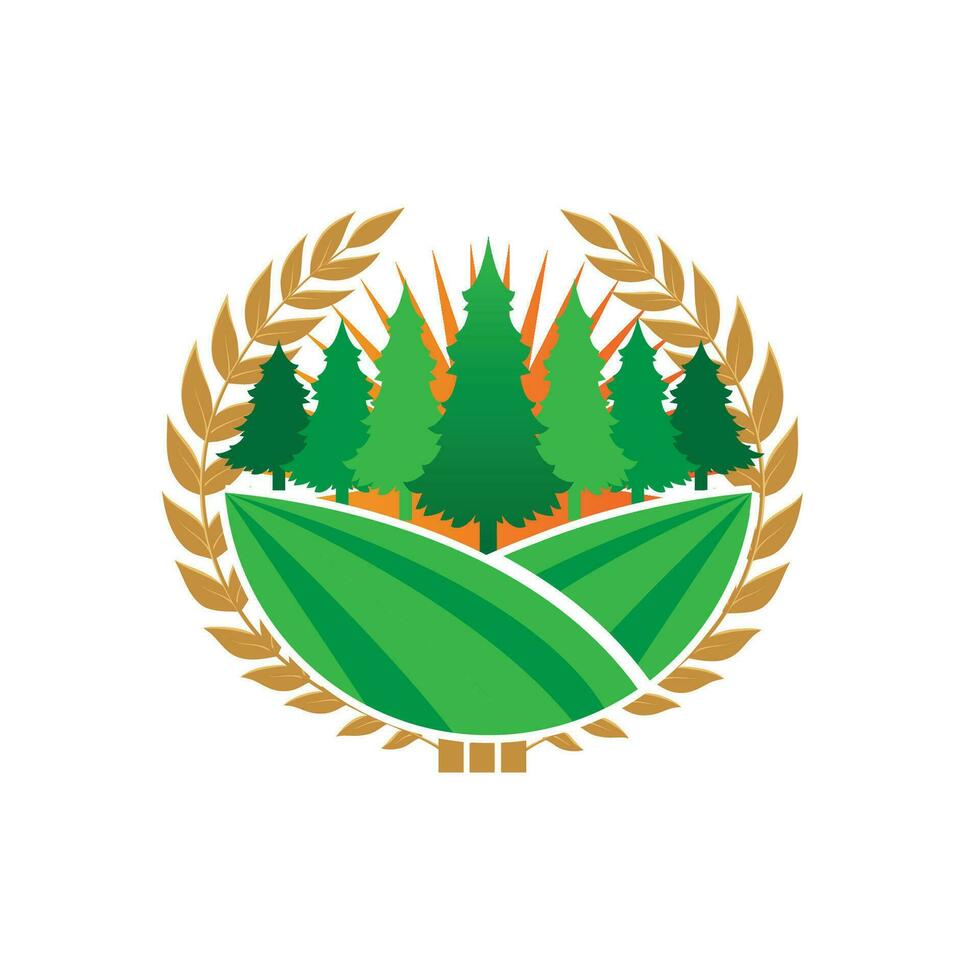 diseño de logotipo de hierba verde, ilustración de paisaje de granja, vector de paisaje natural