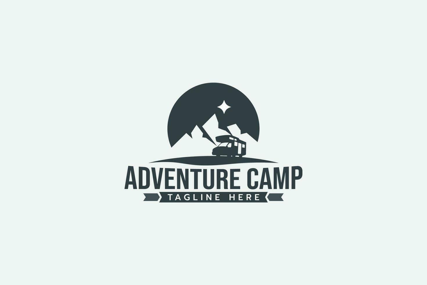 adventure camp logo with a combination of a campervan, mountains, and the north star for any business. vector