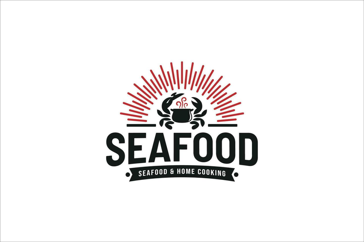 eye catching seafood and home cooking logo with combination of a crab, cauldron and sunshine in vintage style vector