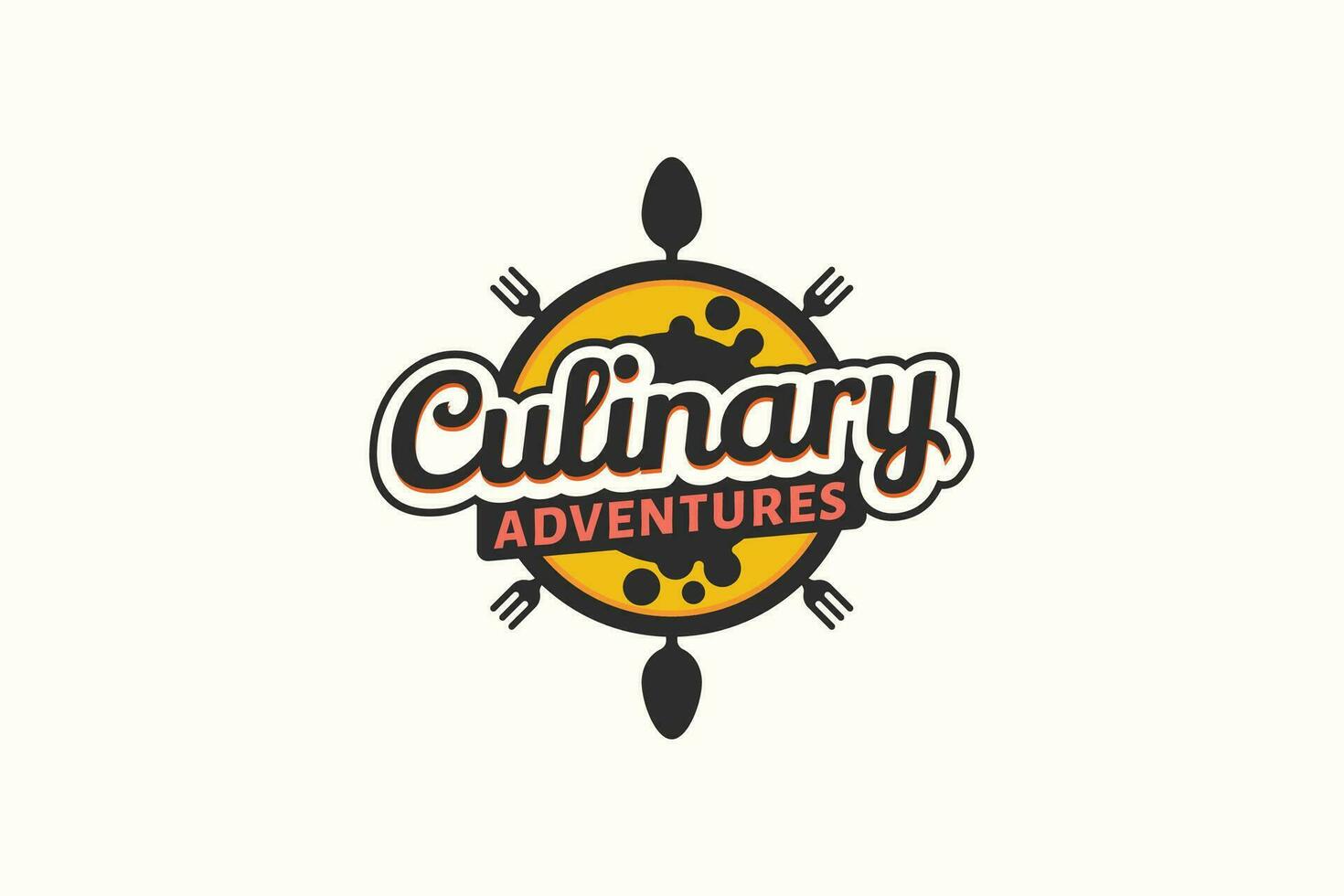 culinario aventuras logo con un combinación de hermosa letras, Brújula, cuchara y tenedor vector