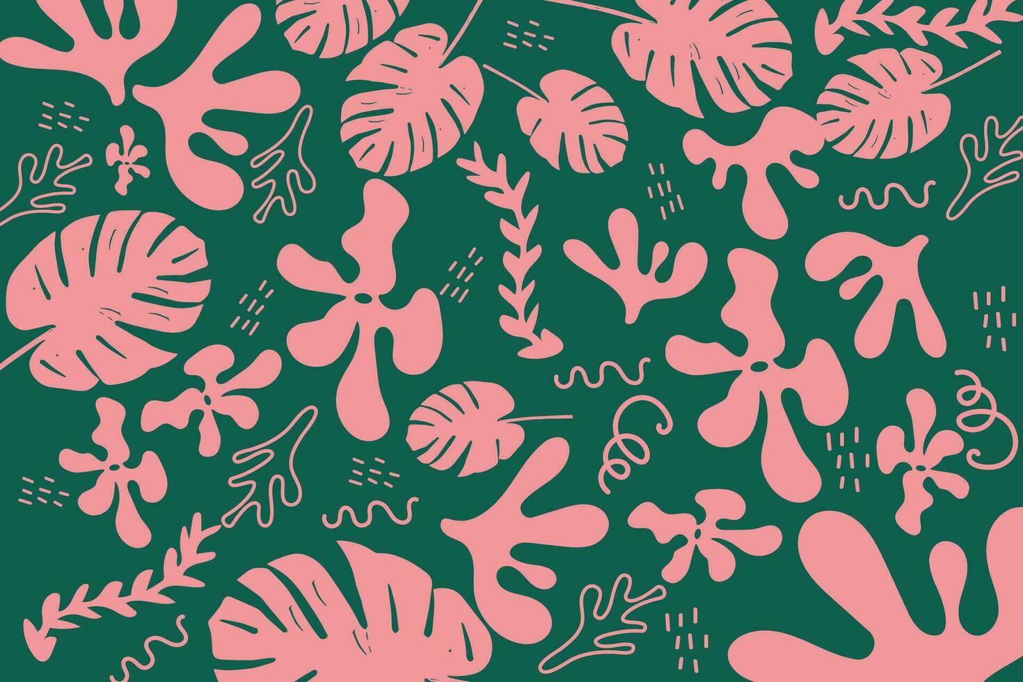 Trendy pink and green hand-drawn background with plants vector