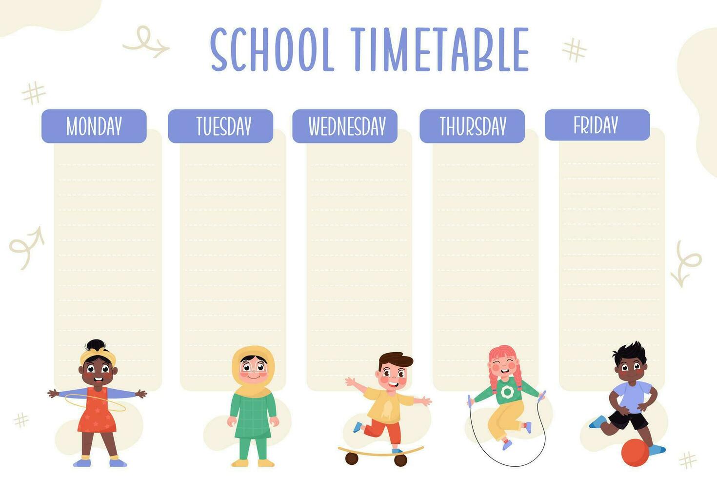 Flat template school timetable with international children vector