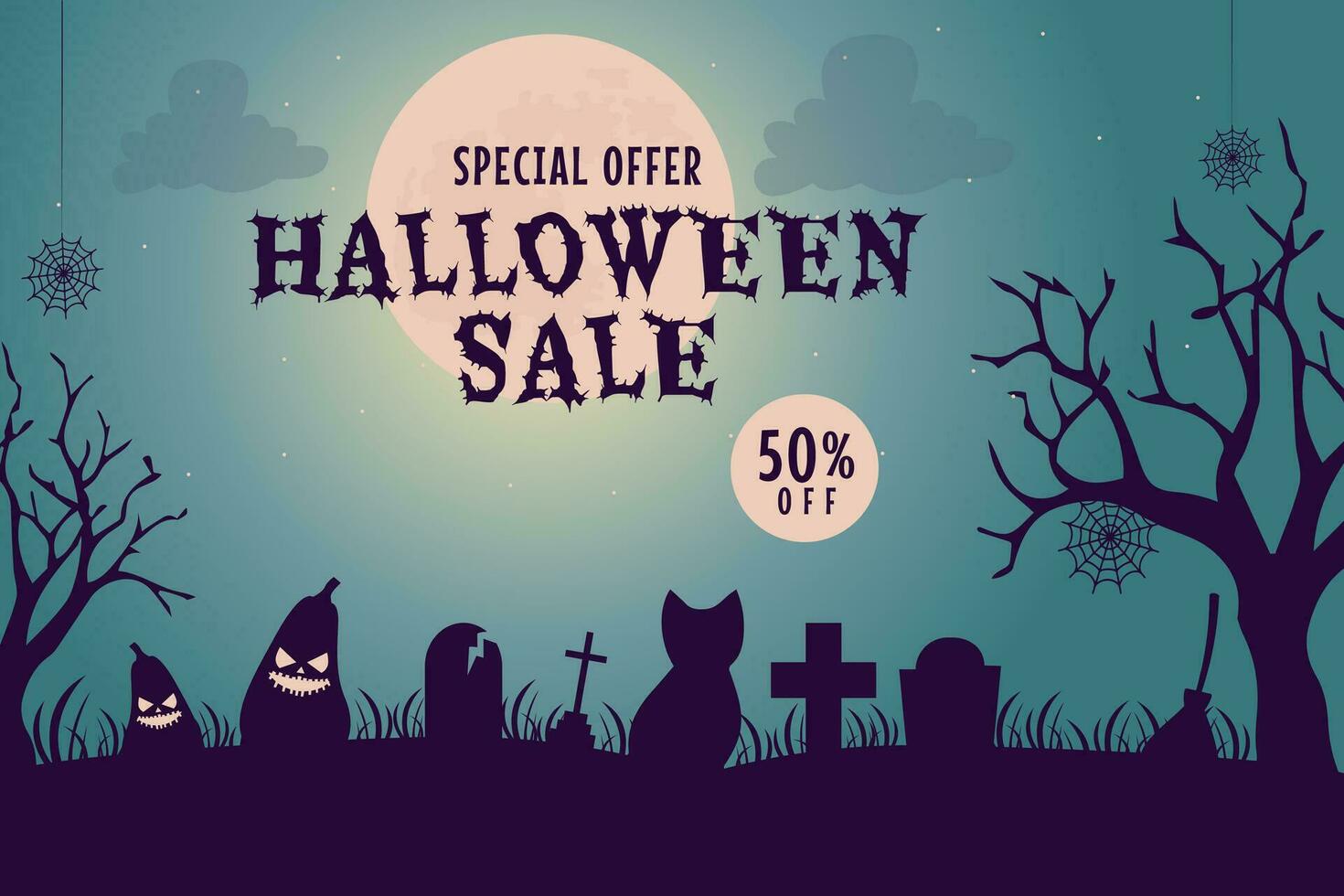 Halloween sale banner illustration with spooky pumpkins cemetery vector