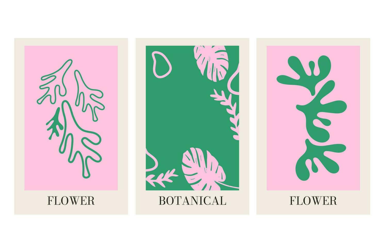 de moda rosado y verde mano dibujado póster colocar. botánico póster vector