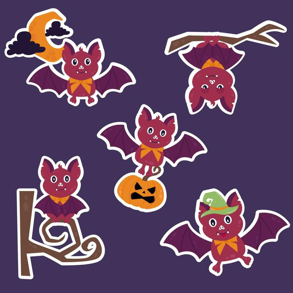 Halloween stickers character bat. Bat in different poses vector